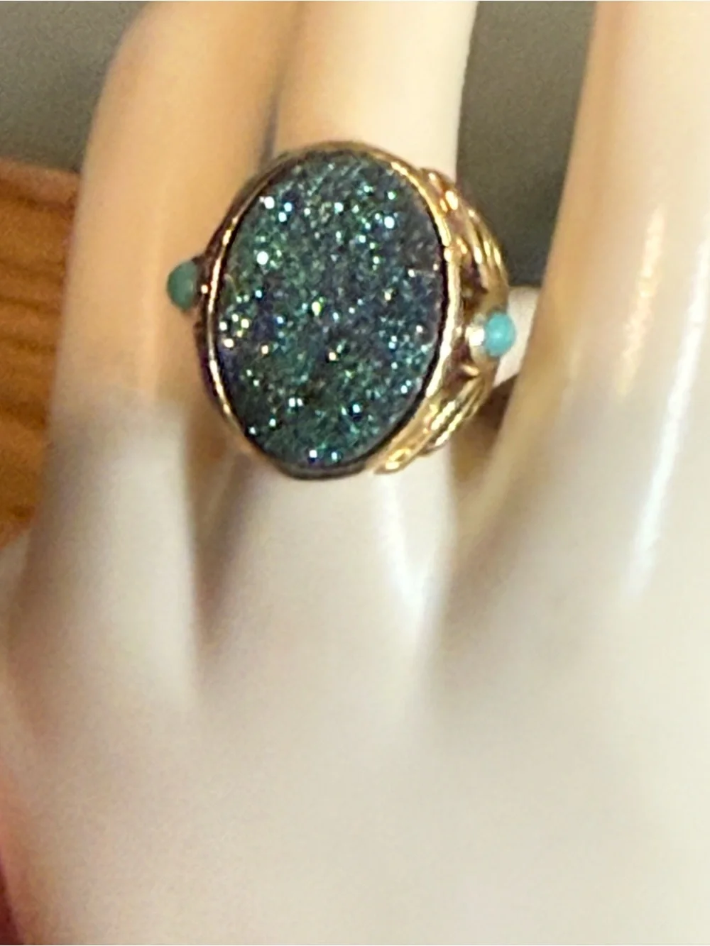 Gold Wash Sterling Silver 925 Druzy Ring Size 6.25-6.5 Turquoise Side Stones